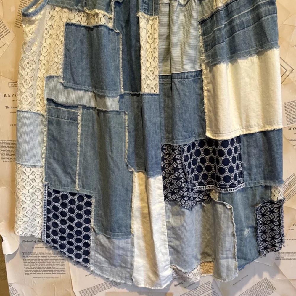 Free People Perfect Patchwork Denim Tunic Dress Distressed Lace Piecing Blue - Picture 4 of 5